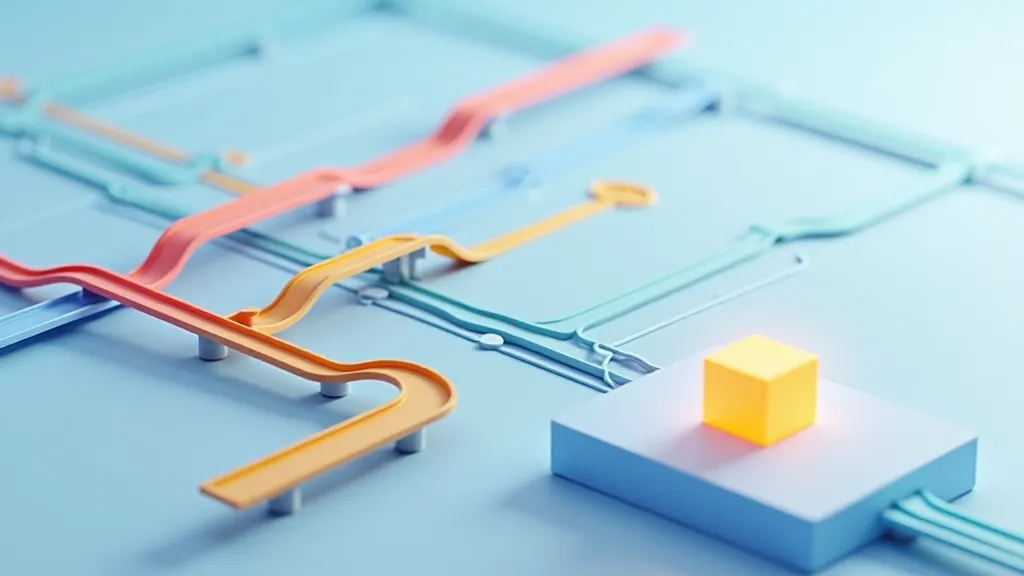 Isometric scene contrasting a branching junction of many tracks with a single lane to one glowing cube