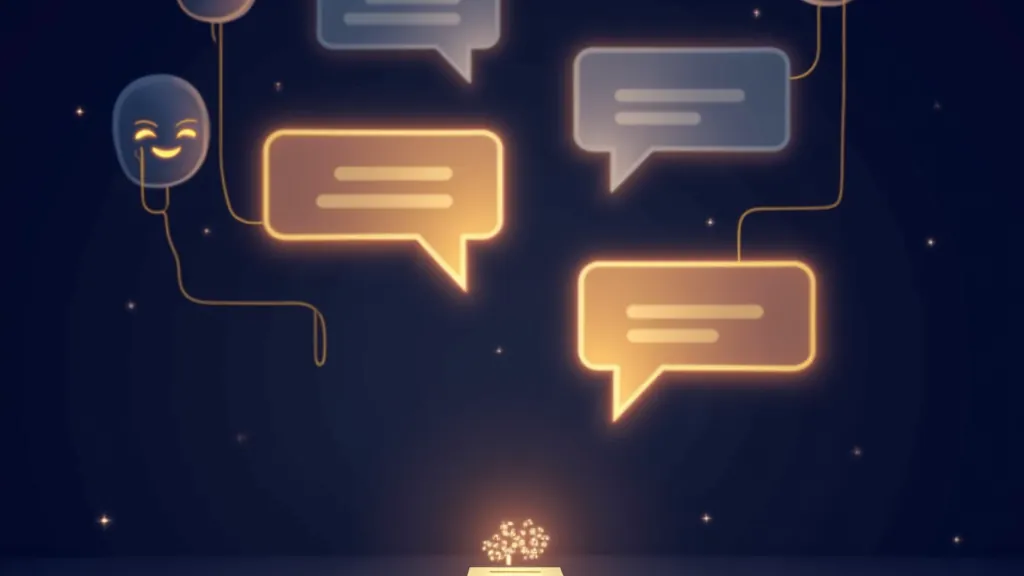Stage with glowing chat bubbles and masks connected by a cable to a small server cube